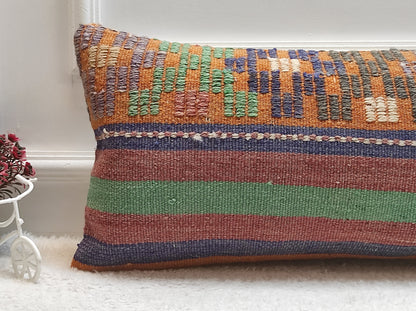 Boho Kilim Pillow Cover 12x24: Upcycled Woven Rug, Ethnic Decor