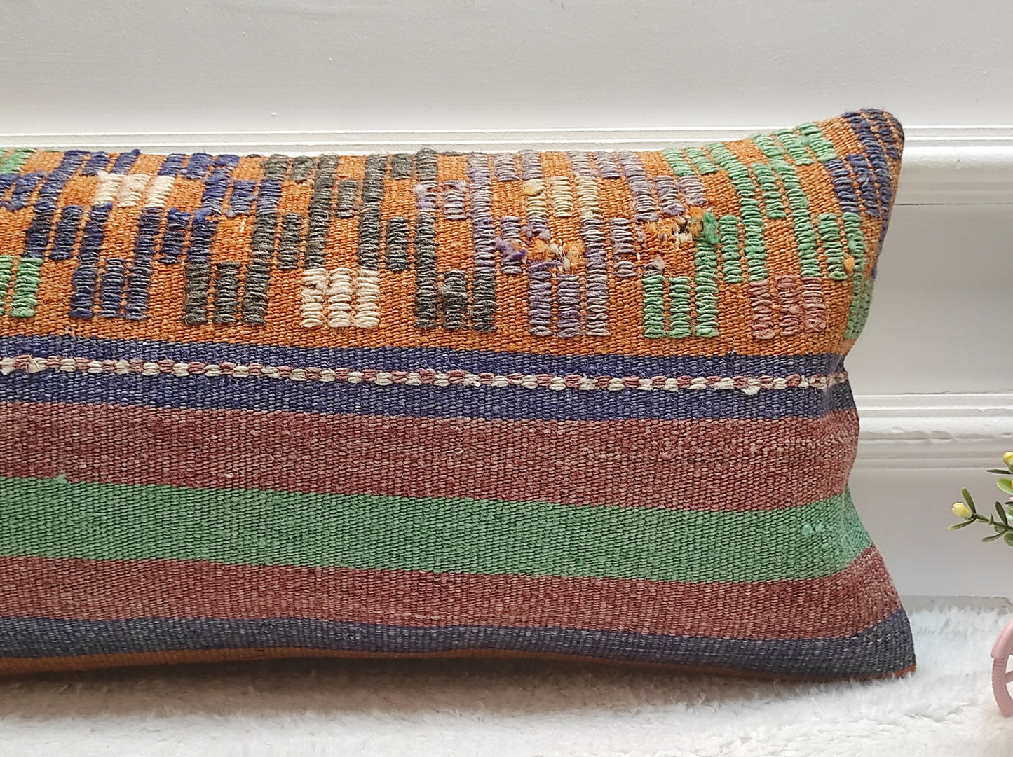Boho Kilim Pillow Cover 12x24: Upcycled Woven Rug, Ethnic Decor