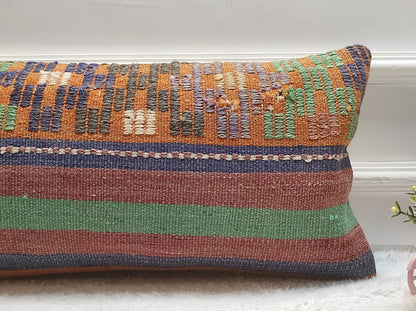 Boho Kilim Pillow Cover 12x24: Upcycled Woven Rug, Ethnic Decor