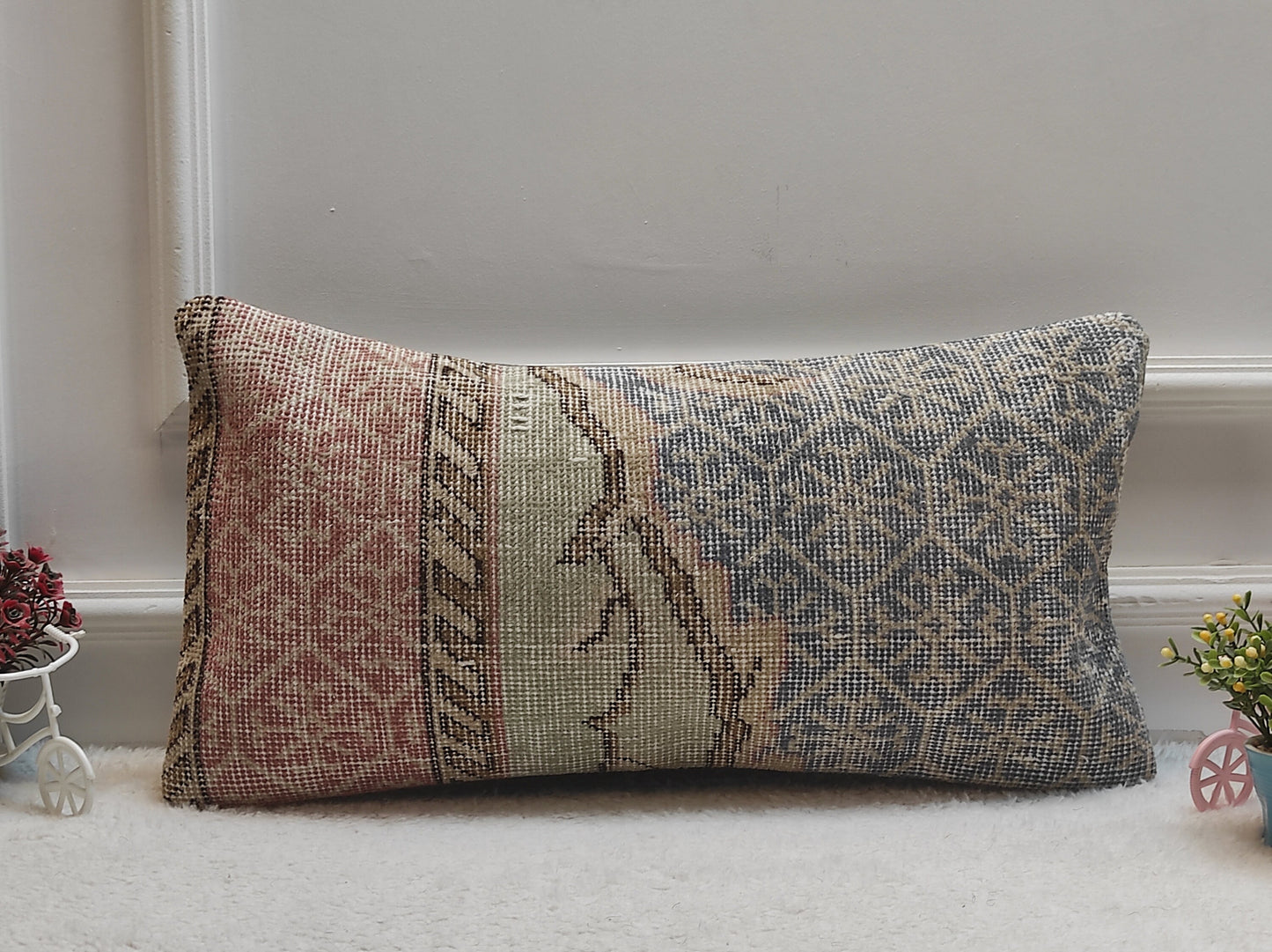 Handmade Kilim Lumbar Pillow Cover: Upcycled Turkish Rug, Boho Decor (12x24 inc)