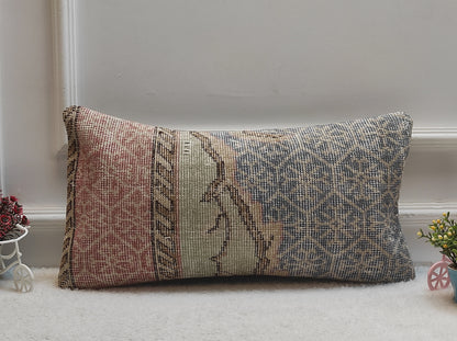 Handmade Kilim Lumbar Pillow Cover: Upcycled Turkish Rug, Boho Decor (12x24 inc)