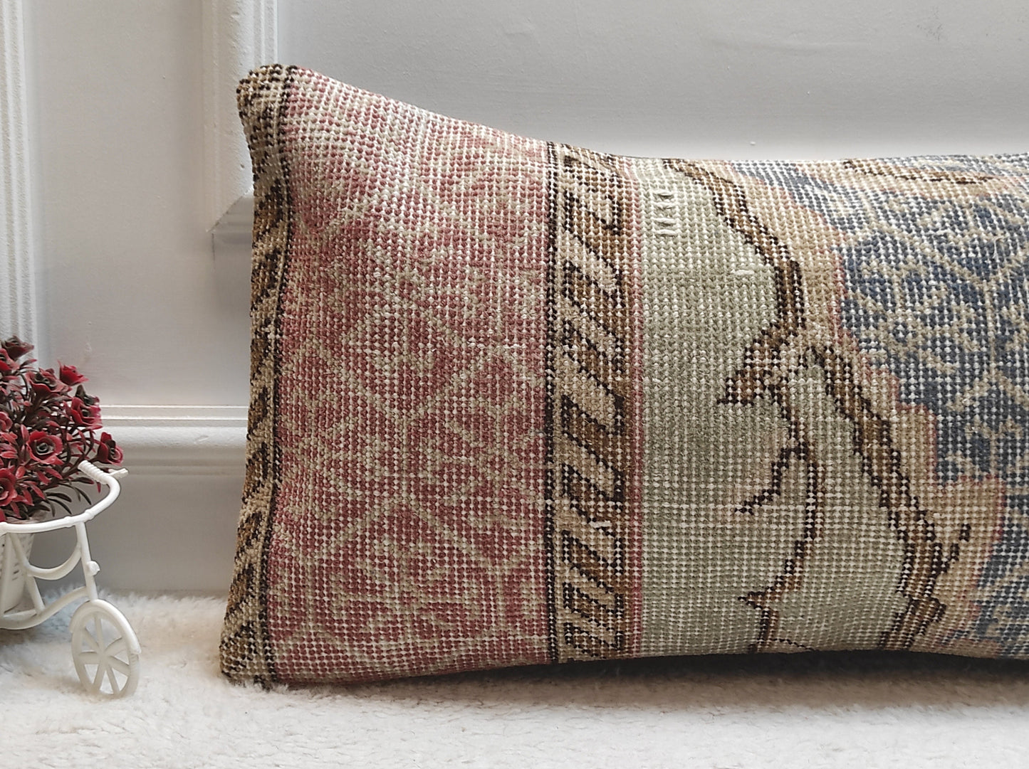 Handmade Kilim Lumbar Pillow Cover: Upcycled Turkish Rug, Boho Decor (12x24 inc)