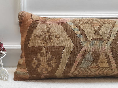 Vintage Turkish Kilim Pillow Cover: Ethnic Woven Wool Lumbar Pillow (12x24 in)
