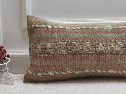 Handmade Kilim Lumbar Pillow Cover: Upcycled Turkish Boho Decor (12x24 inch)