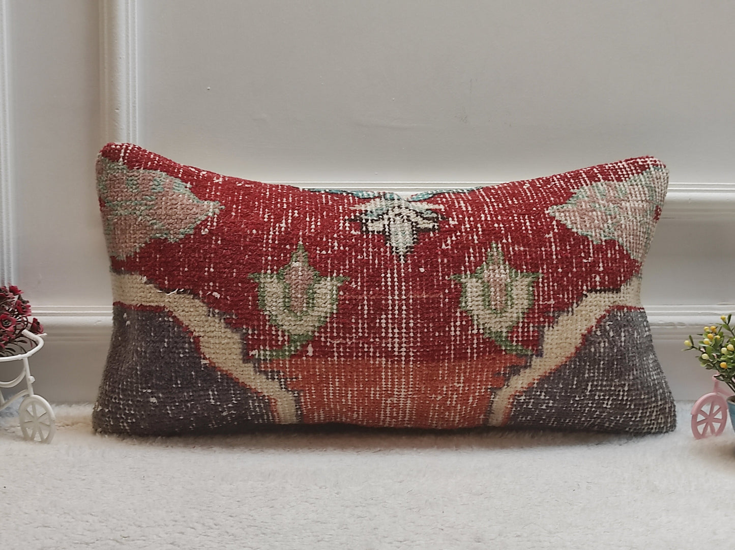 Red Turkish Rug Pillow Cover: Vintage Wool Lumbar Pillow (12x24 in)