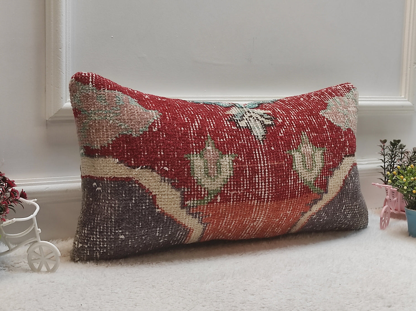 Red Turkish Rug Pillow Cover: Vintage Wool Lumbar Pillow (12x24 in)