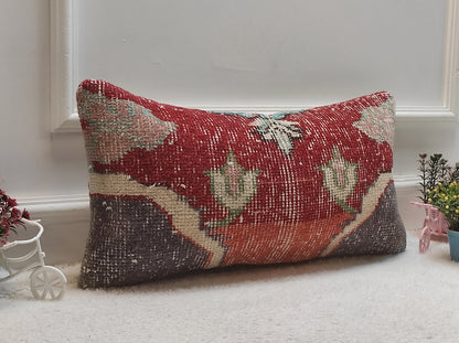 Red Turkish Rug Pillow Cover: Vintage Wool Lumbar Pillow (12x24 in)