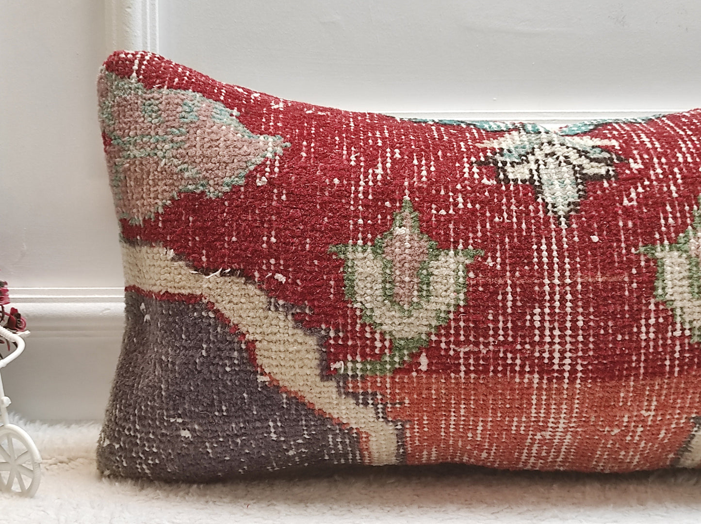 Red Turkish Rug Pillow Cover: Vintage Wool Lumbar Pillow (12x24 in)