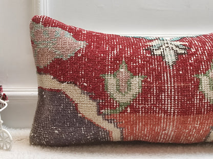 Red Turkish Rug Pillow Cover: Vintage Wool Lumbar Pillow (12x24 in)