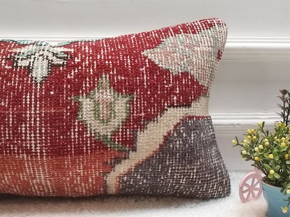 Red Turkish Rug Pillow Cover: Vintage Wool Lumbar Pillow (12x24 in)
