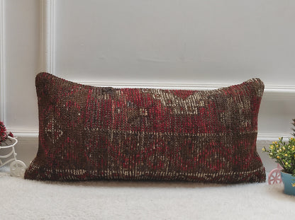Handmade Turkish Kilim Lumbar Pillow Cover: Organic Wool, 12x24 inch