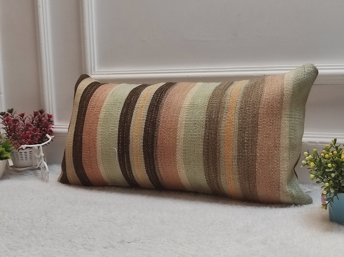 Handmade Striped Kilim Pillow Cover: Boho Lumbar Cushion (12x24 in)