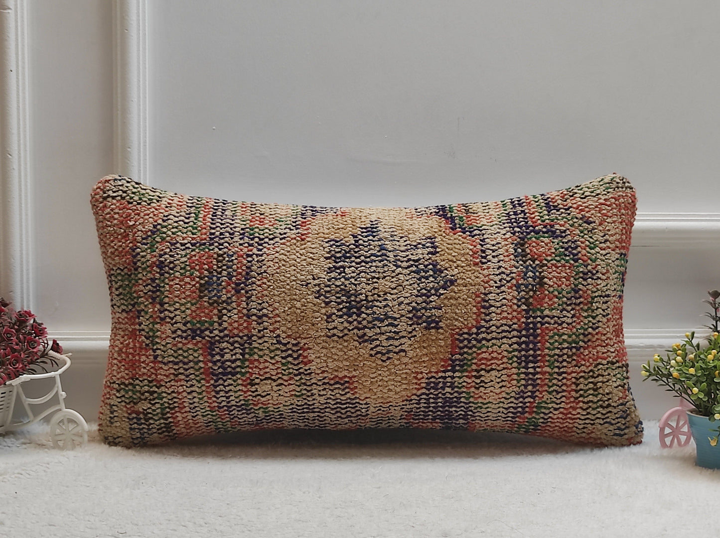 Vintage Turkish Rug Lumbar Pillow Cover: Handwoven Wool, 12x24 inch