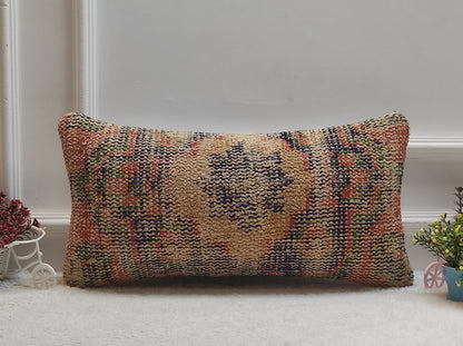 Vintage Turkish Rug Lumbar Pillow Cover: Handwoven Wool, 12x24 inch