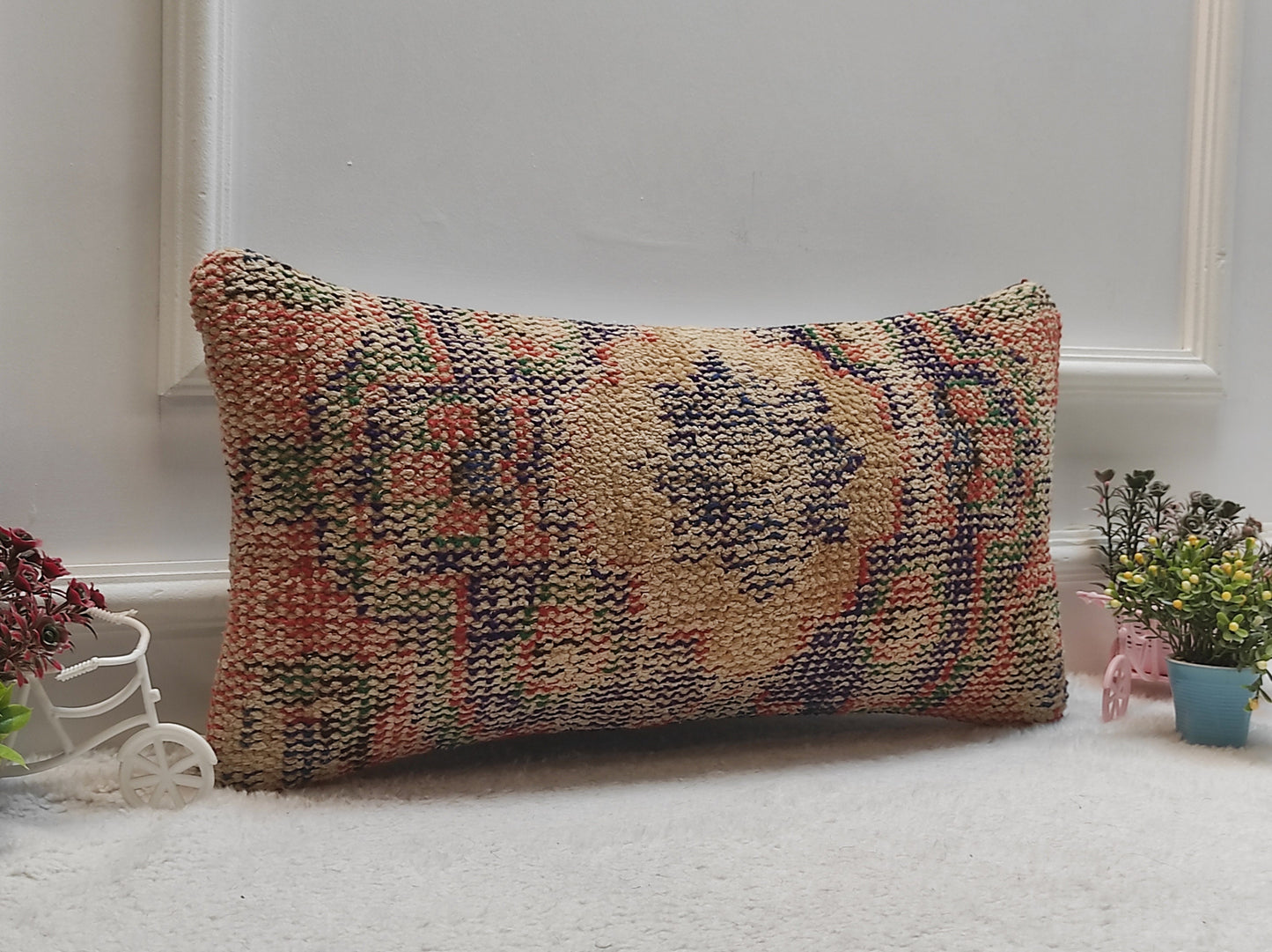 Vintage Turkish Rug Lumbar Pillow Cover: Handwoven Wool, 12x24 inch