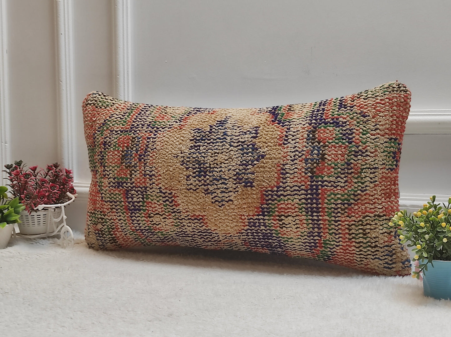 Vintage Turkish Rug Lumbar Pillow Cover: Handwoven Wool, 12x24 inch