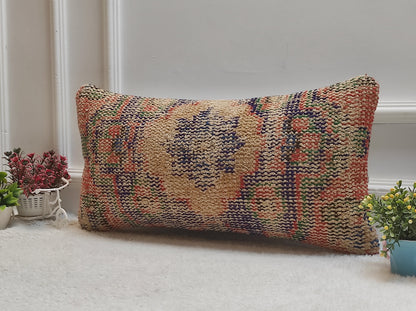Vintage Turkish Rug Lumbar Pillow Cover: Handwoven Wool, 12x24 inch