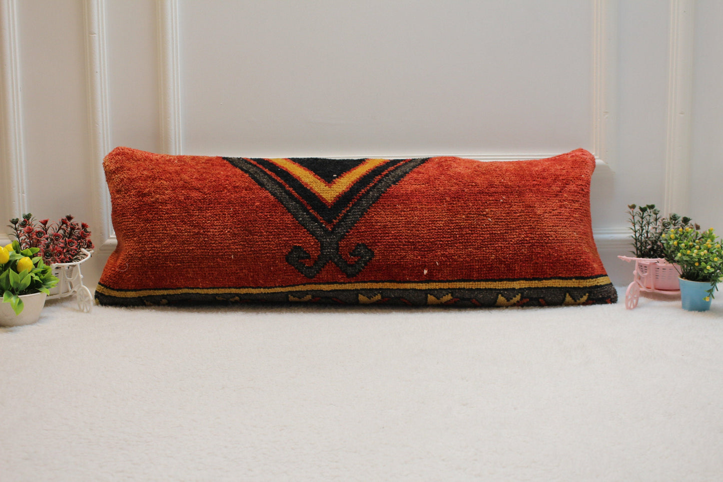Red Turkish Rug Lumbar Pillow Cover: Organic Wool Kilim Pillow (12x36 in)