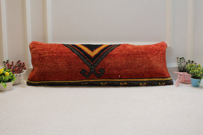Red Turkish Rug Lumbar Pillow Cover: Organic Wool Kilim Pillow (12x36 in)