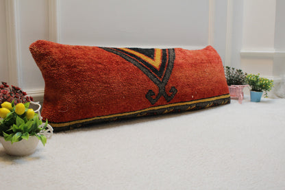 Red Turkish Rug Lumbar Pillow Cover: Organic Wool Kilim Pillow (12x36 in)