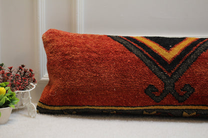 Red Turkish Rug Lumbar Pillow Cover: Organic Wool Kilim Pillow (12x36 in)