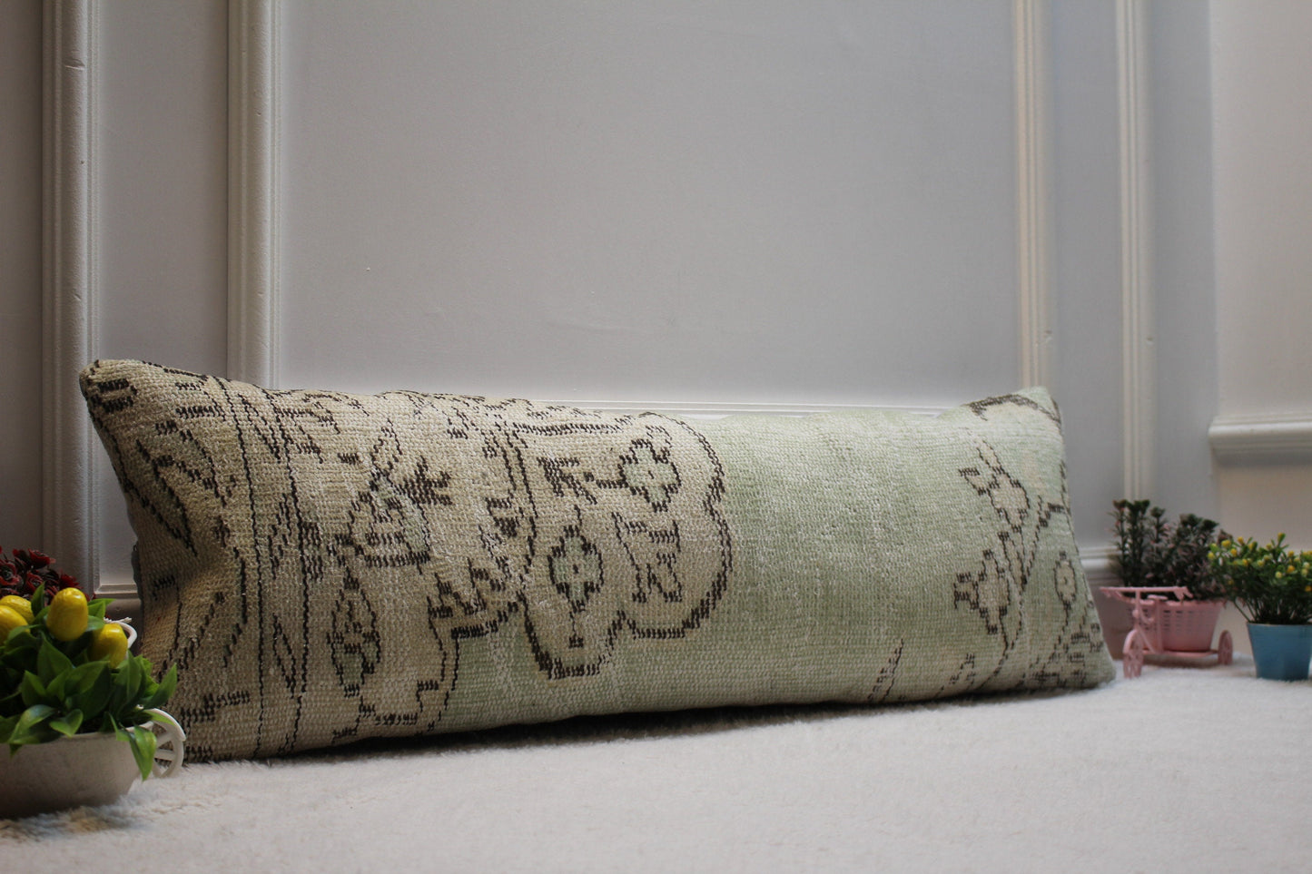 Handmade Lumbar Kilim Pillow Cover: Upcycled Woven Rug, 12x36 inch