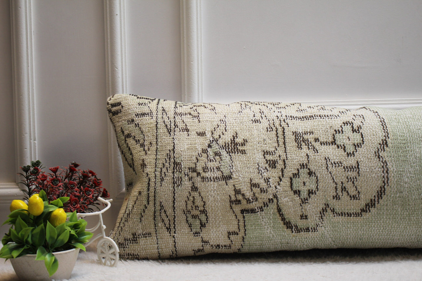 Handmade Lumbar Kilim Pillow Cover: Upcycled Woven Rug, 12x36 inch