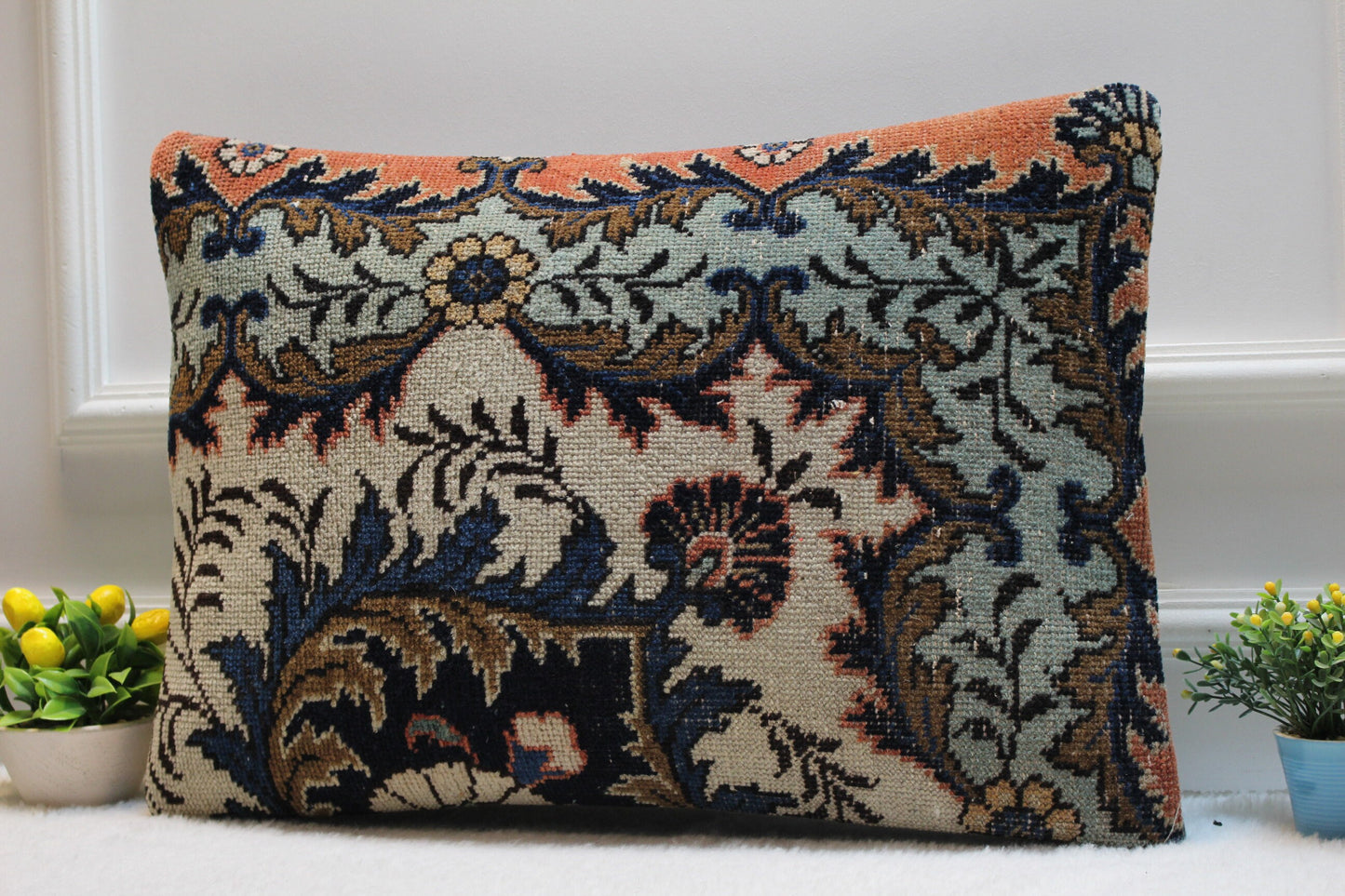 Handmade Floral Kilim Lumbar Pillow Cover: Upcycled Turkish Rug, 16x24 inch