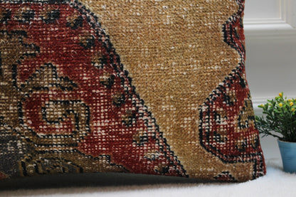 Handmade Turkish Rug Lumbar Pillow: Organic Wool Kilim Pillow Cover (16x24 inc)