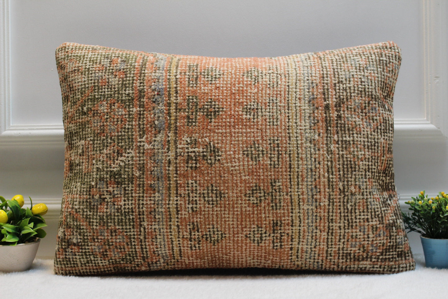 Handmade Kilim Lumbar Pillow Cover: Upcycled Turkish Rug, Orange Beige (16x24 in)