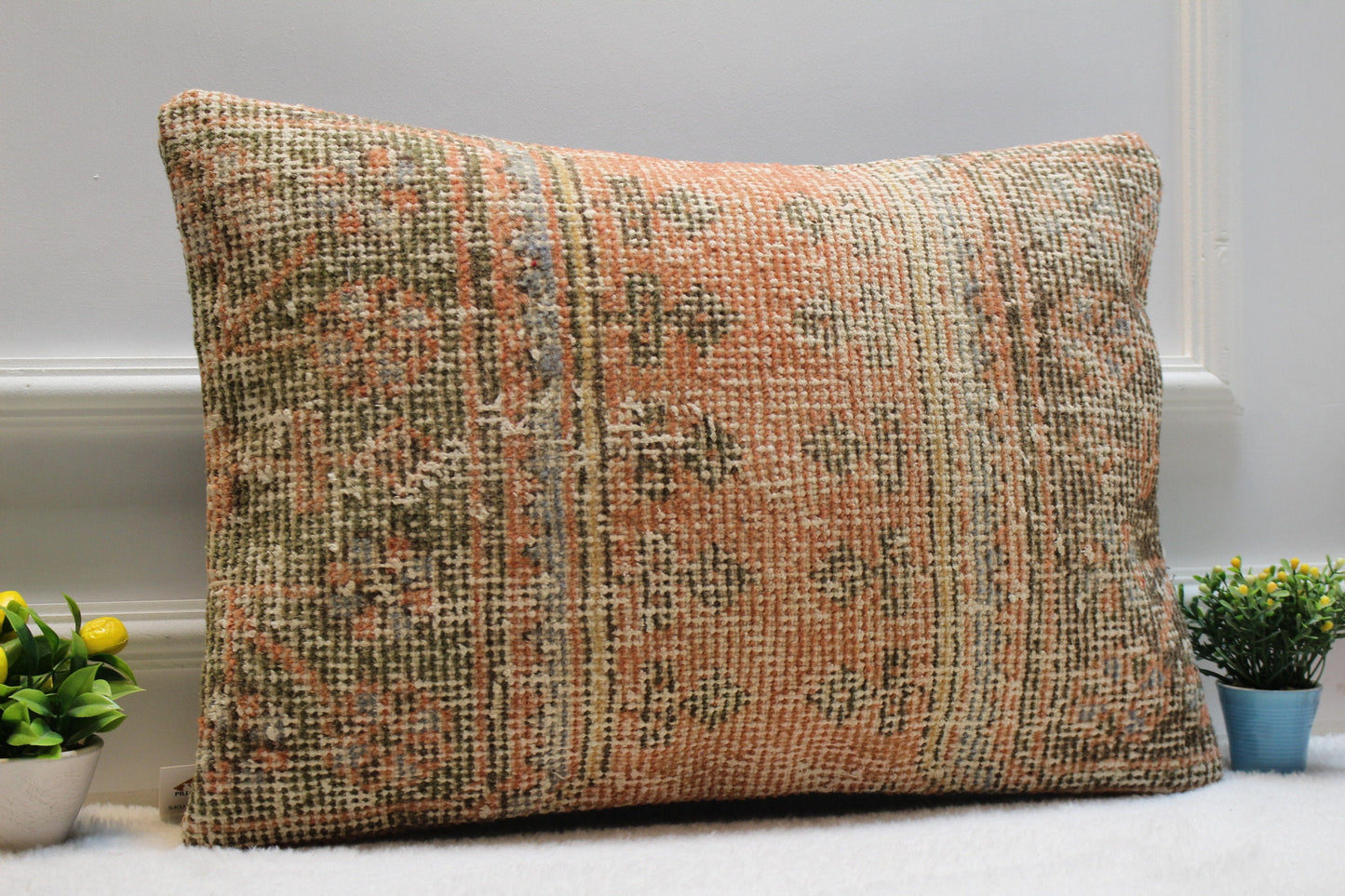 Handmade Kilim Lumbar Pillow Cover: Upcycled Turkish Rug, Orange Beige (16x24 in)