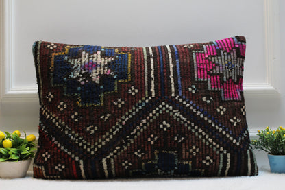 Handmade Turkish Kilim Pillow Cover: Upcycled Wool Lumbar Pillow (16x24 in)
