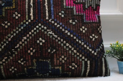 Handmade Turkish Kilim Pillow Cover: Upcycled Wool Lumbar Pillow (16x24 in)