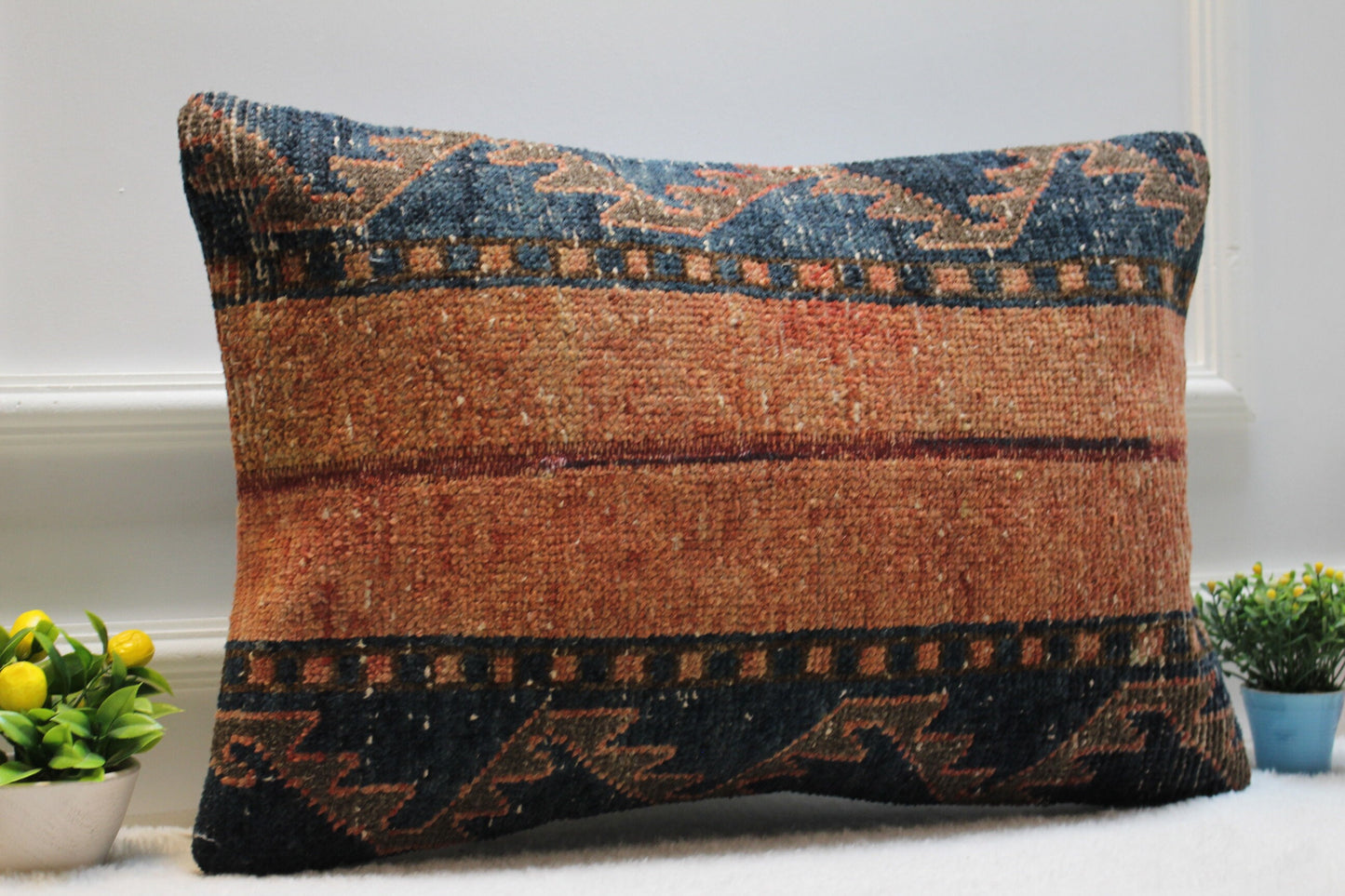 Handmade Kilim Lumbar Pillow Cover: Upcycled Woven Rug, Boho Home Decor (16x24 in)