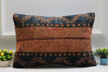 Handmade Kilim Lumbar Pillow Cover: Upcycled Woven Rug, Boho Home Decor (16x24 in)