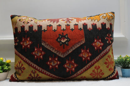 Handmade Kilim Pillow Cover: Upcycled Woven Wool, Boho Decor (16x24 in)