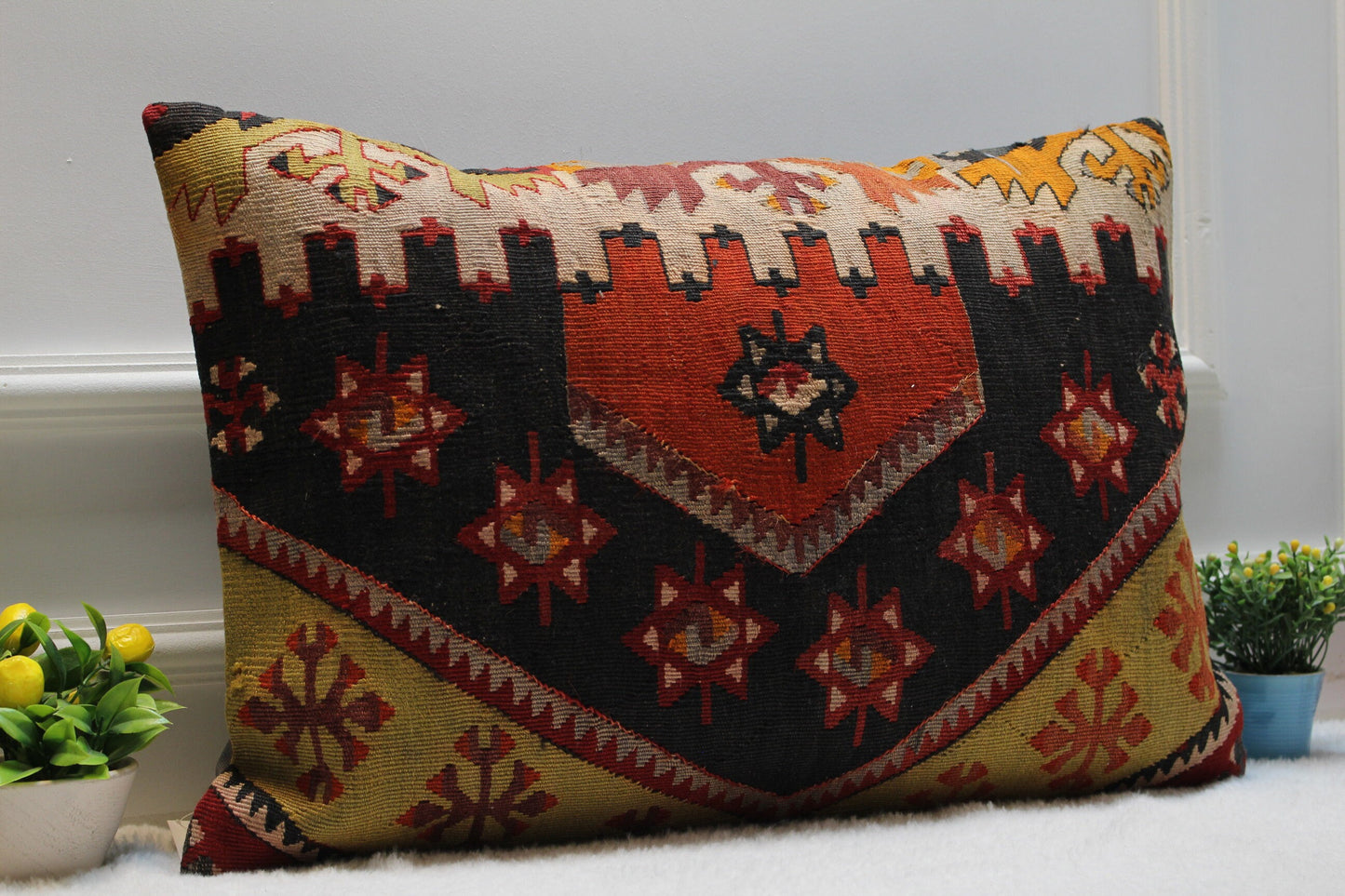 Handmade Kilim Pillow Cover: Upcycled Woven Wool, Boho Decor (16x24 in)