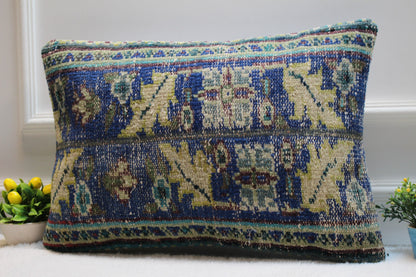 Handmade Kilim Lumbar Pillow Cover: Blue Vintage Rug, 16x24