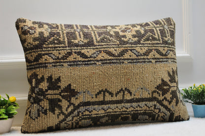 Handmade Kilim Pillow Cover: Upcycled Woven Rug, Brown & Black (16x24 in)