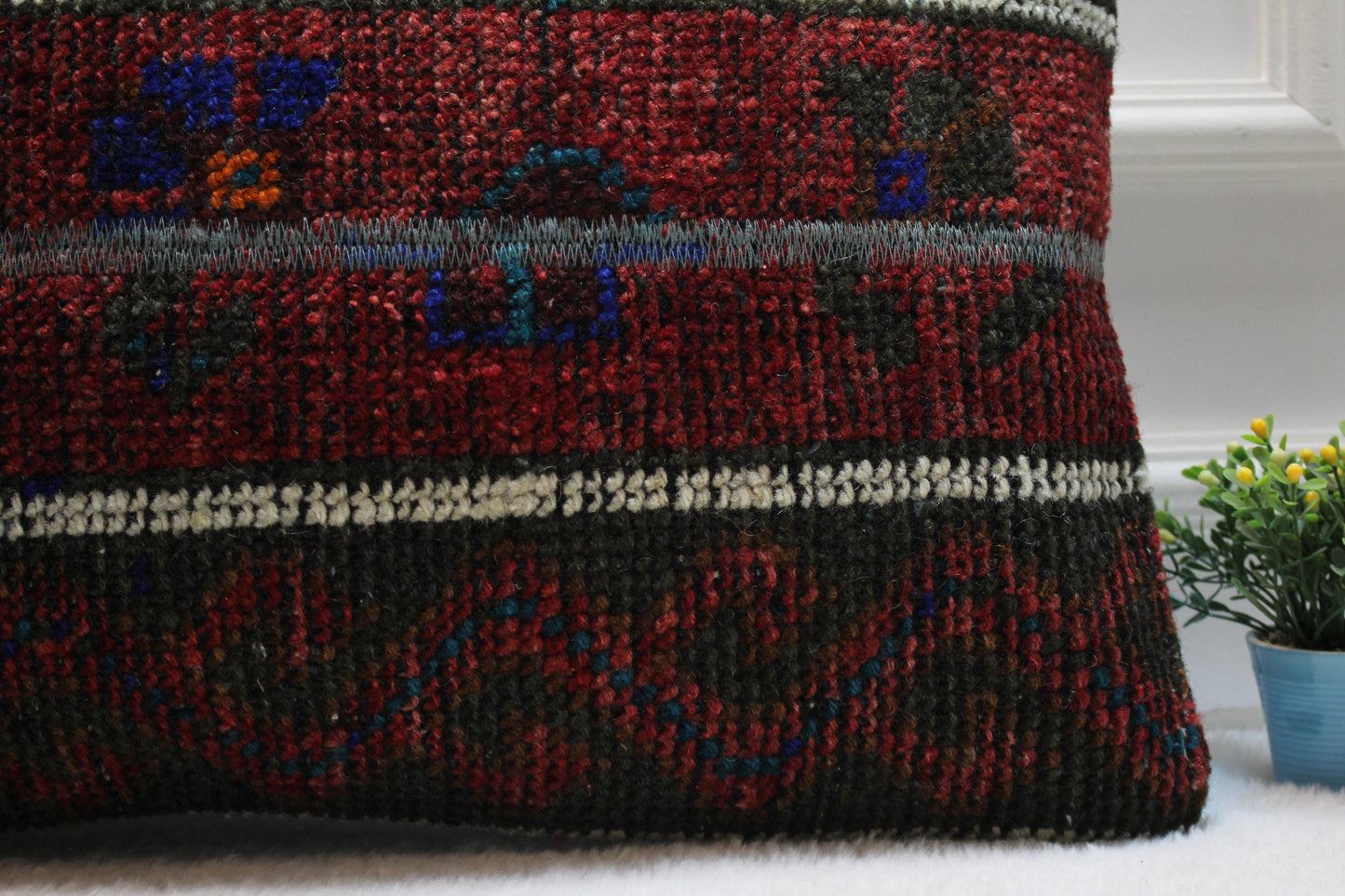 Handmade Kilim Lumbar Pillow Cover: Upcycled Woven Rug, Red 16x24 inch