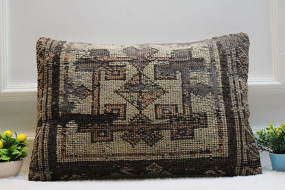 Handmade Kilim Lumbar Pillow Cover: Vintage Turkish Rug, 16x24 inch
