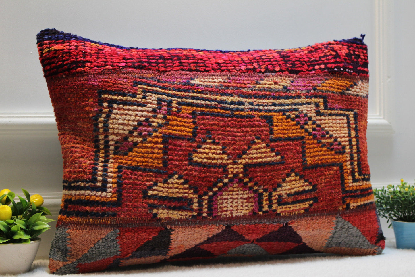 Handmade Kilim Lumbar Pillow Cover: Upcycled Woven Rug, Boho Home Decor (16x24 inc)