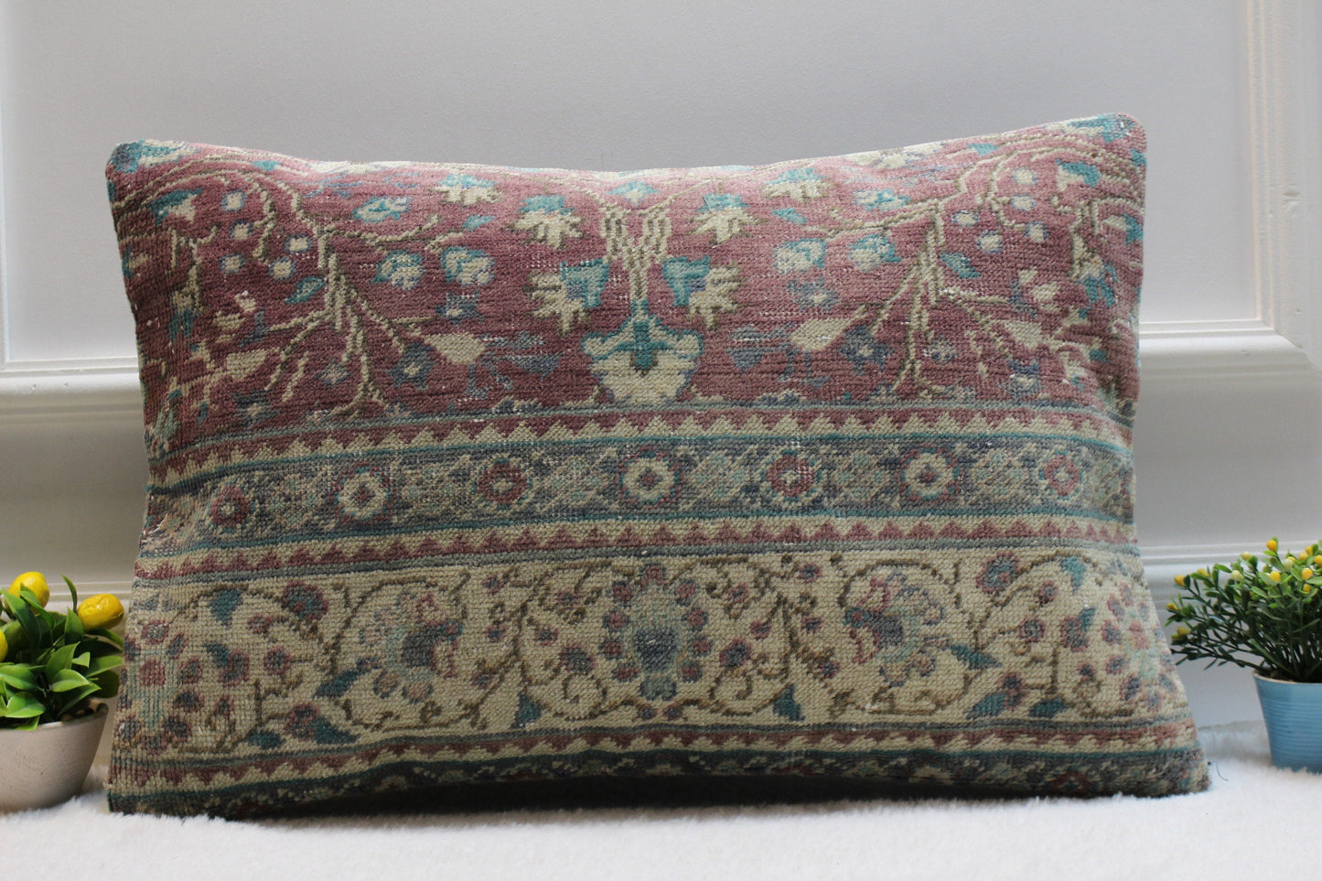 Handmade Turkish Kilim Lumbar Pillow Cover: Upcycled Rug, 16x24 inc