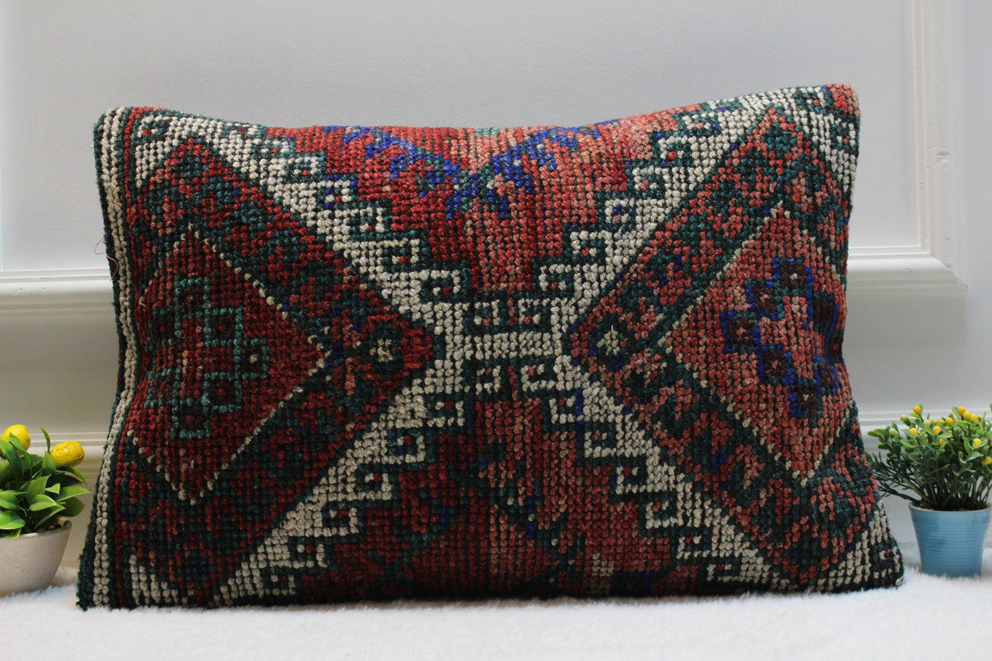Vintage Turkish Rug Lumbar Pillow Cover: 16x24 Red Beige Kilim Pillow
