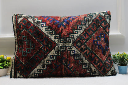 Vintage Turkish Rug Lumbar Pillow Cover: 16x24 Red Beige Kilim Pillow
