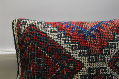 Vintage Turkish Rug Lumbar Pillow Cover: 16x24 Red Beige Kilim Pillow