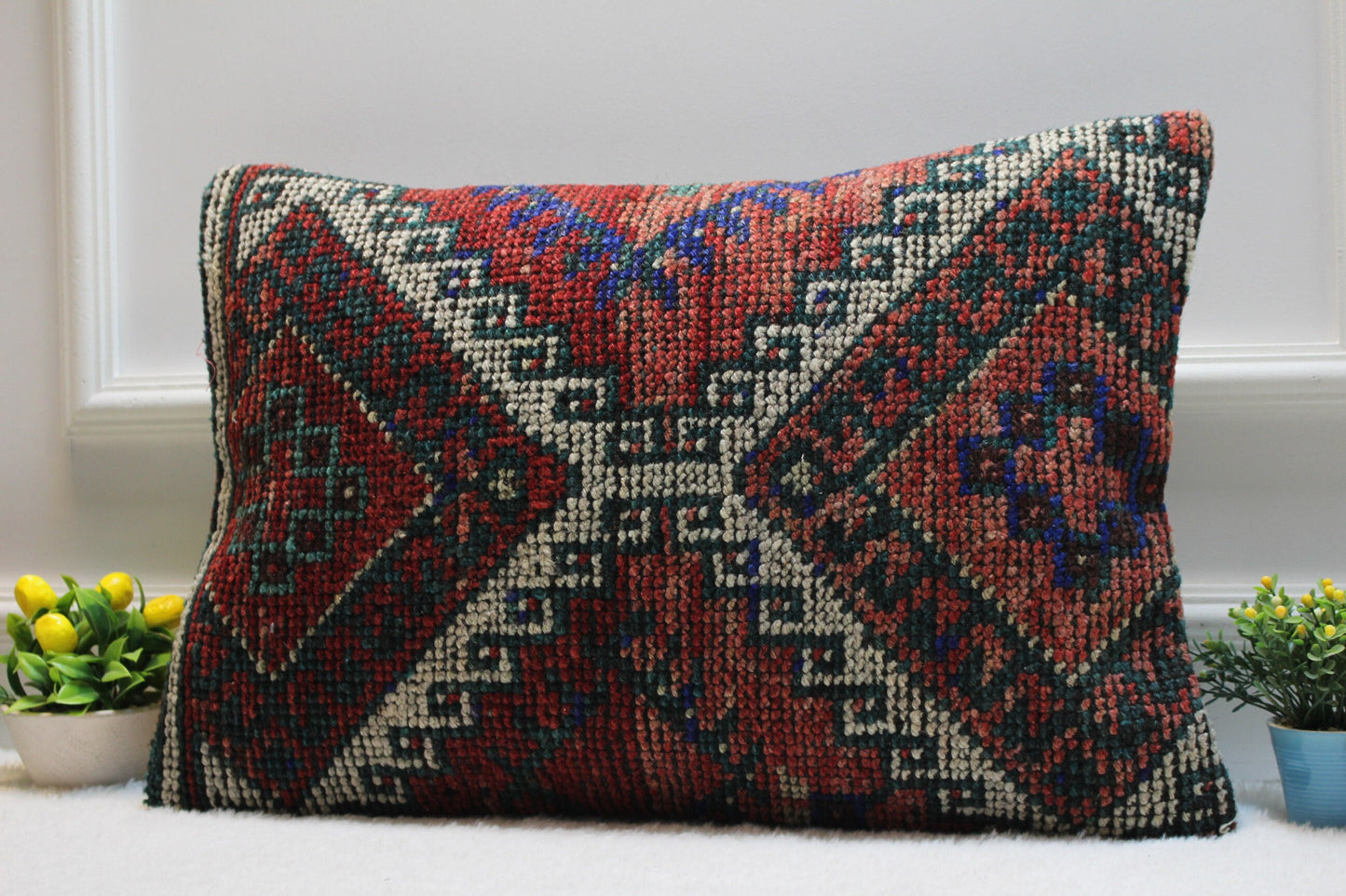Vintage Turkish Rug Lumbar Pillow Cover: 16x24 Red Beige Kilim Pillow