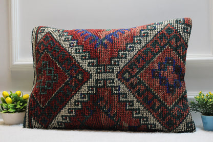 Vintage Turkish Rug Lumbar Pillow Cover: 16x24 Red Beige Kilim Pillow