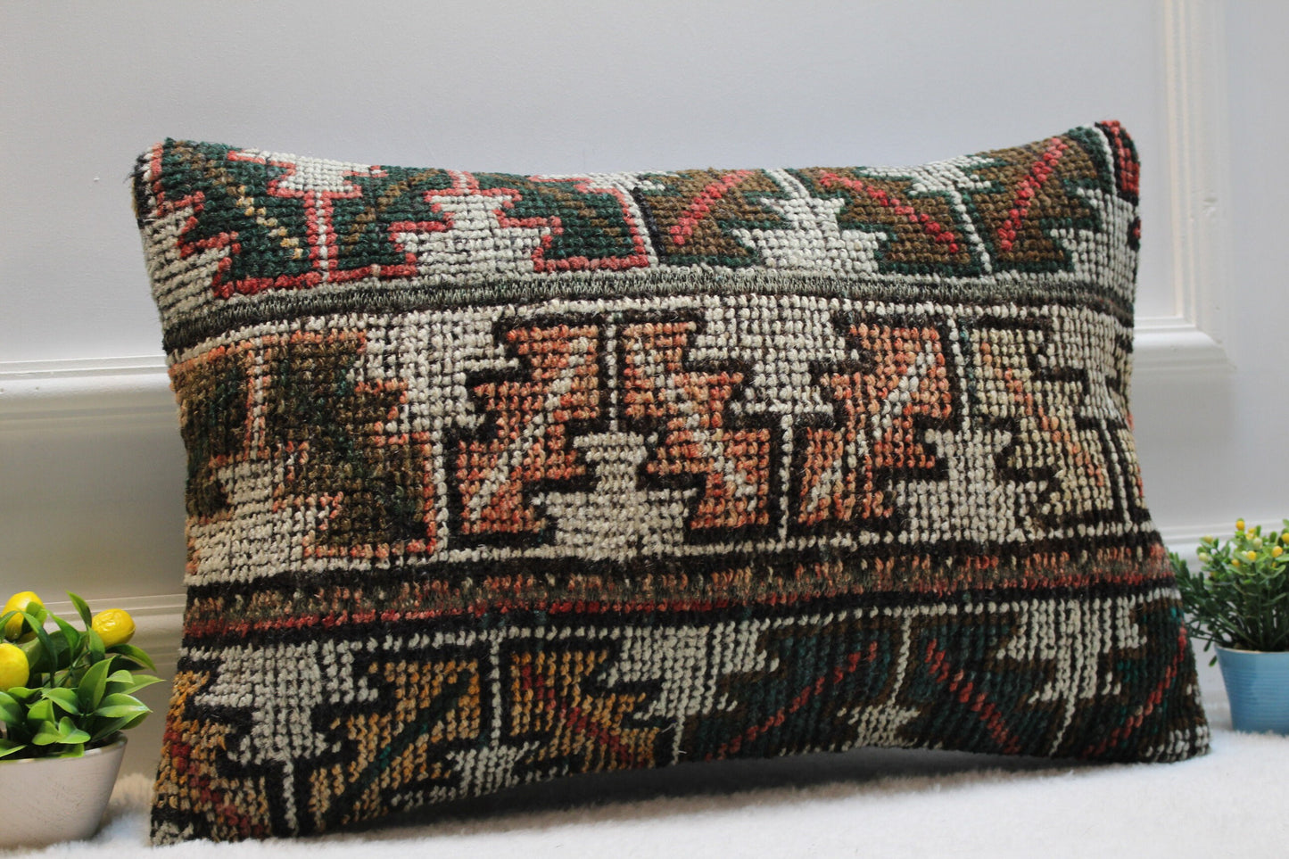 Handmade Kilim Lumbar Pillow Cover: Upcycled Woven Rug, Boho Decor (16x24 in)