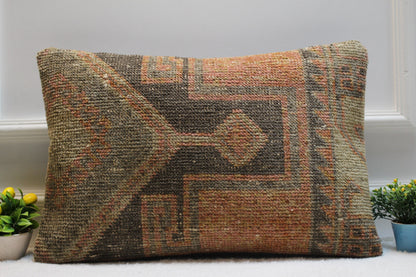 Handmade Kilim Lumbar Pillow Cover: Upcycled Woven Rug, Boho Design (16x24 in)